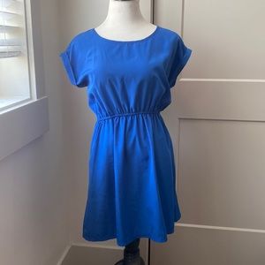 Medium Blue Dress with Open Back Cut Out and POCKETS